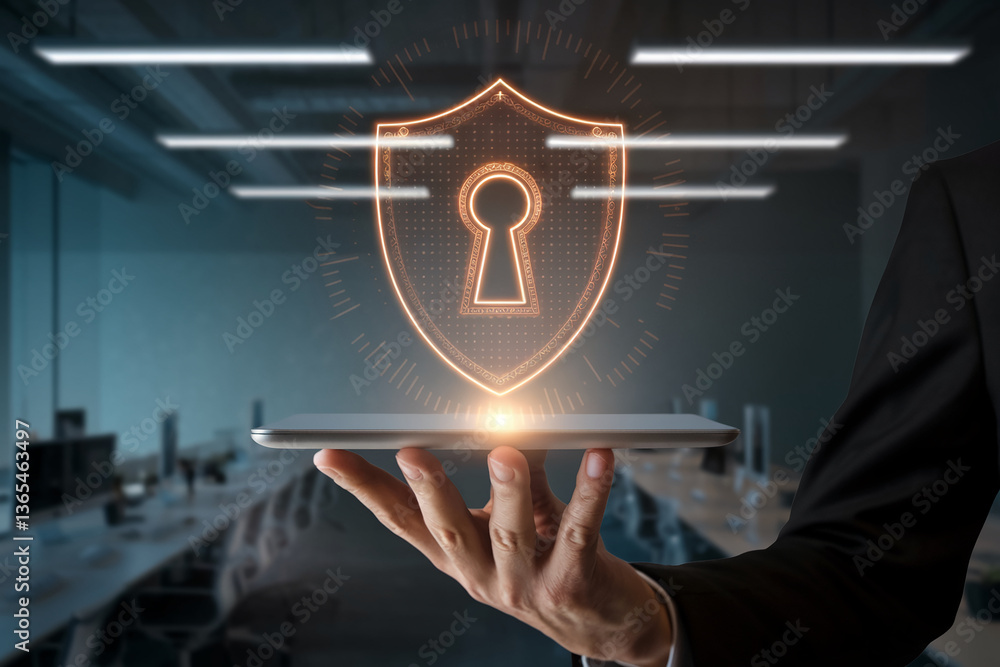 Poster hand holds tablet displaying glowing shield with keyhole, symbolizing digital security and data prot