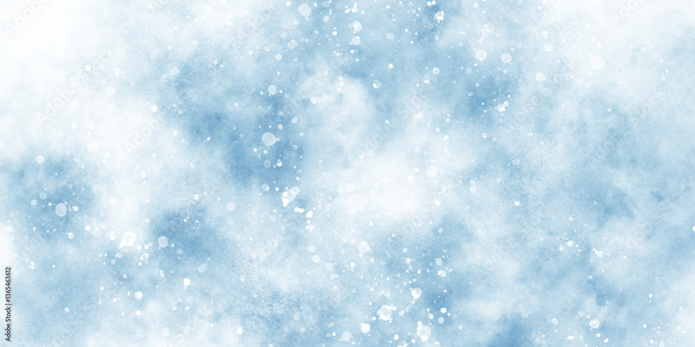 Wall mural shiny and glowing abstract snow is falling on cloudy background, light blue bokeh background for des