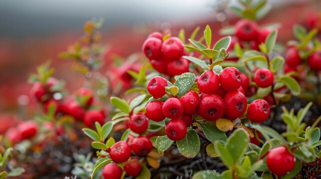 Conservation of Bearberry Arctostaphylos uva ursi Groundcover Vital Arctic Ecosystems Illustrate close up of Bearberry vine creeping along tundra floor their bright red berry feeding Arctic hare