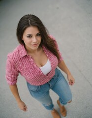 A woman in a pink shirt and blue jeans is standing on a concrete floor
