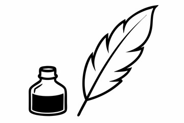 feather quill and ink bottle in line art vector