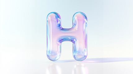 Fototapeta premium 3D pastel iridescent bubble letter H floating on white background in shiny translucent style, glossy glass alphabet