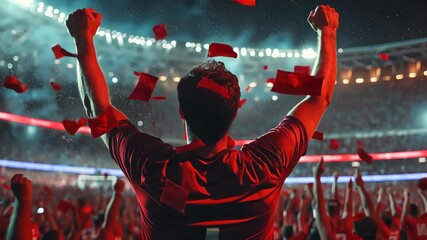 Fans celebrate passionately during a thrilling sports event at a vibrant stadium at night
