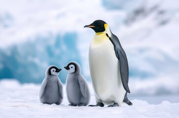Fototapeta premium A family of emperor penguins standing in the snow