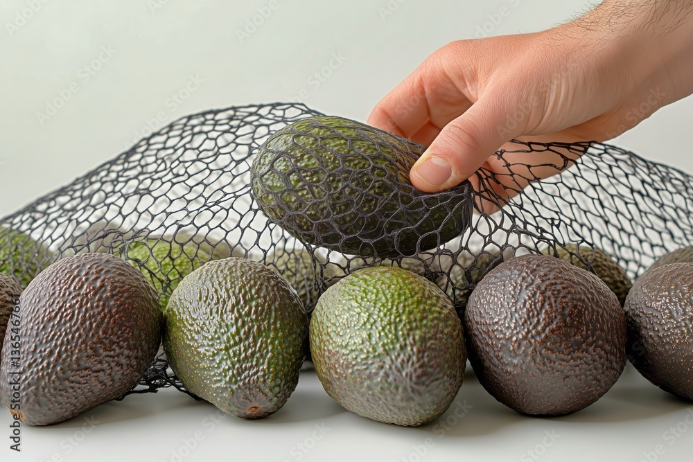 Aufkleber hand selecting fresh avocados from a netted bag on a simple background