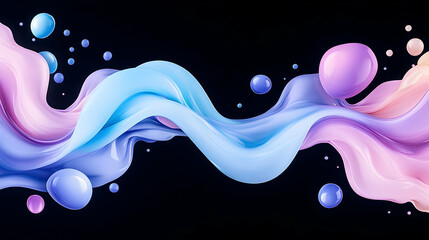 Abstract pastel fluid wave with floating spheres on black background