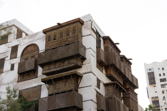 Old town of Jeddah with th historic wooden balconies in the Al Balad district, Saudi Arabia