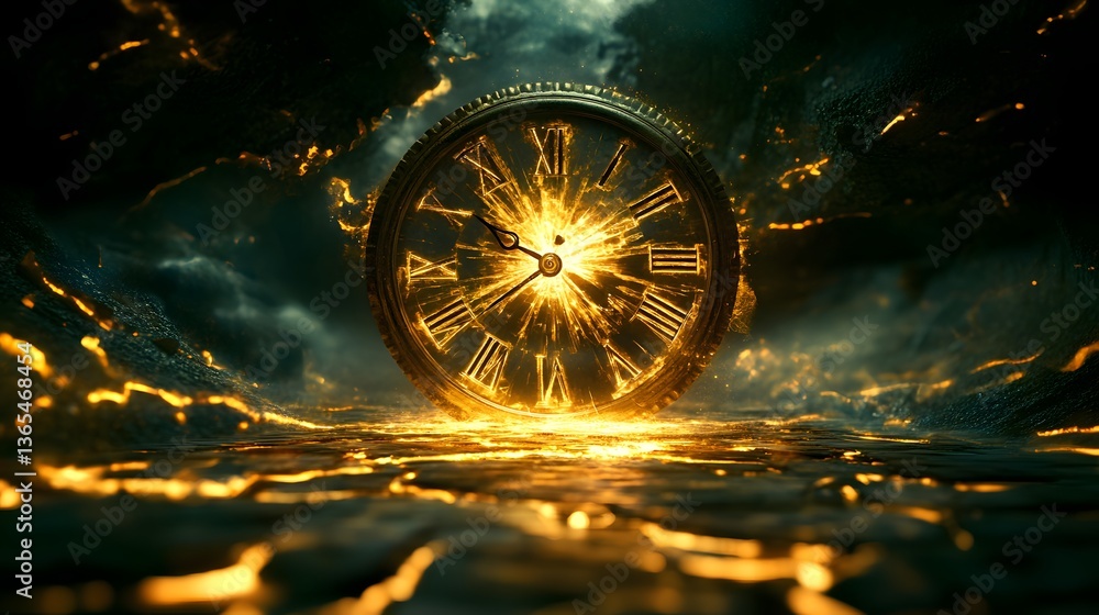 Poster intriguing clock set in a dimly lit room illustrating the concept of time in a fantasy representatio
