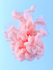 Abstract pink ink swirling in water against a light blue background
