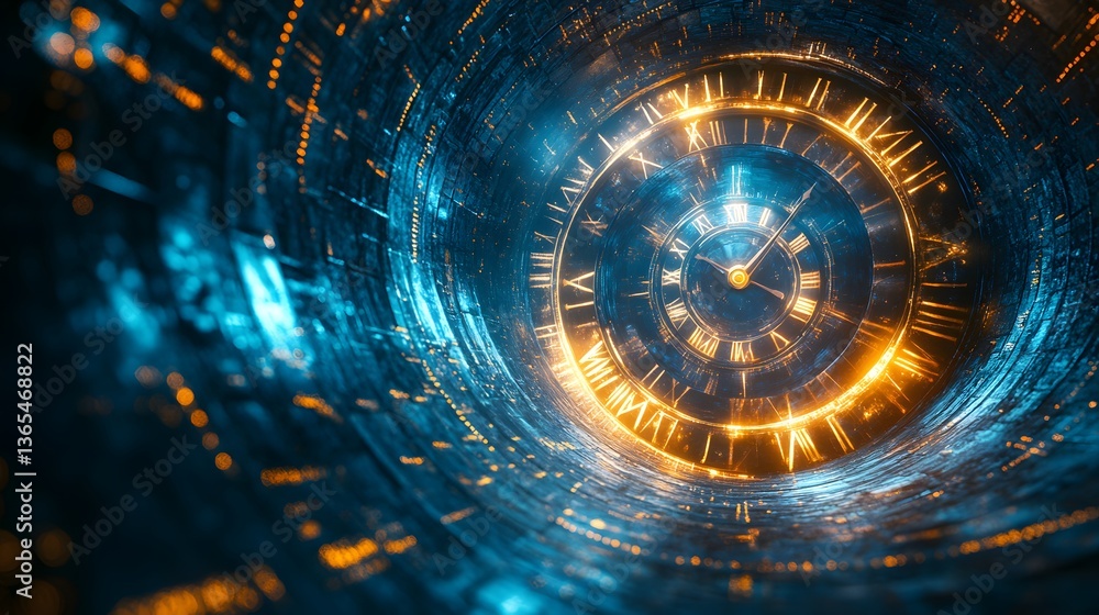 Poster a unique clock enclosed in a transparent glass featuring a vortex of time representing the fluidity 