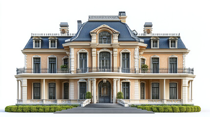 Fototapeta premium Elegant mansion with classic architecture and ornate details on white background