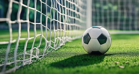 Soccer ball near goal on a sunny field