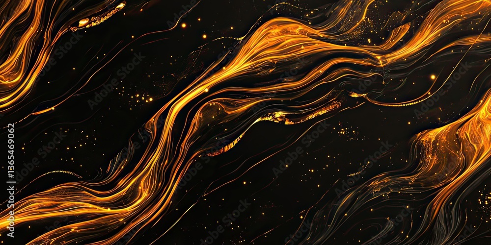 Poster abstract dark backdrop with flowing golden fluid lines and scattered sparks, created by ai generated