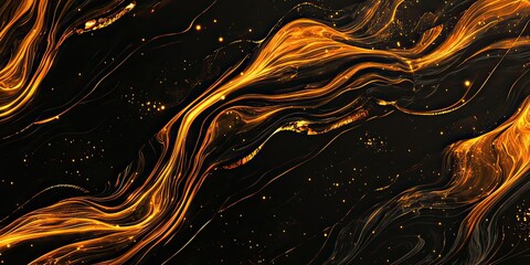 Abstract dark backdrop with flowing golden fluid lines and scattered sparks, created by ai generated