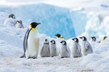 Fototapeta premium A group of emperor penguins and their chicks, all standing in the snow against 