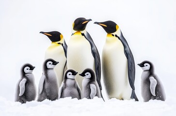 Fototapeta premium A group of emperor penguins and their chicks, all standing in the snow against 