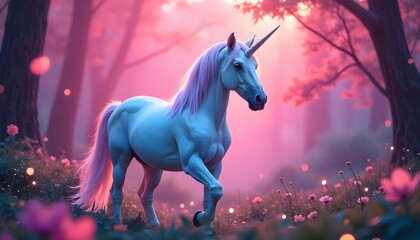Magical Unicorn in Enchanted Forest at Sunset