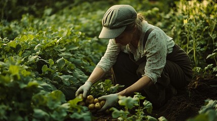A woman crouches harvesting potatoes from a green field