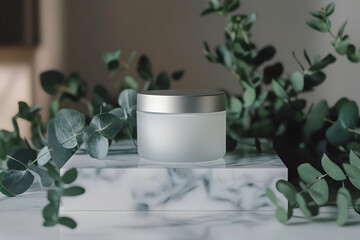 A white cosmetic cream jar placed on marble slab with eucalyptus leaves, symbolizing organic skincare and wellness beauty.