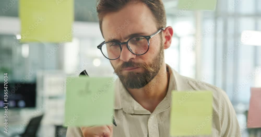 Poster office, businessman and ideas with sticky note for writing, brainstorming and project solution. glas