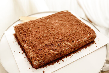 brown chocolate tiramisu dessert lies on white plate, exquisite delicacy, selective focus