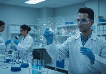 Scientist Examining DNA Structure with Futuristic Interface