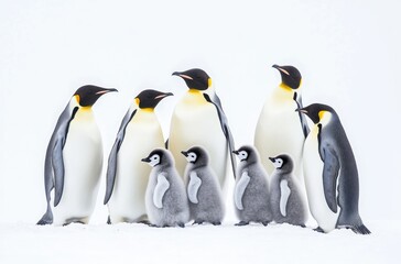 Obraz premium A group of emperor penguins and their chicks, all standing in the snow against 