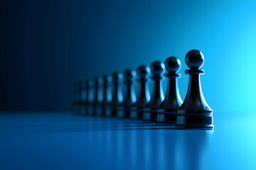 Line of chess pawns in moody blue light representing discipline, leadership, teamwork, and strategic potential in business or life.