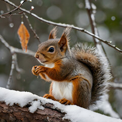 Obraz premium Cozy Squirrel in Winter: A charming red squirrel nestled amongst snow-covered branches, its fur a warm contrast to the frosty scene.