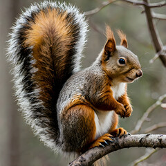 Obraz premium Squirrel Perched on Branch: a vibrant squirrel, bushy tail, captivating viewer by its alert gaze, perched delicately on a tree branch, the detailed fur and features illuminated in the sunlight.
