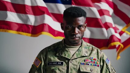 Portrait series of a determined african american soldier in wheelchair, posing in front of waving american flag, showcasing resilience, honor, and service - Powered by Adobe
