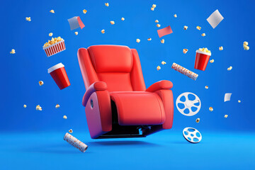 A vibrant red recliner chair surrounded by popcorn, movie tickets, and film reels floats on a bright blue background for a fun cinematic vibe