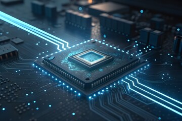 Futuristic Microchip  – High-Tech Circuit Board, Digital Processor.