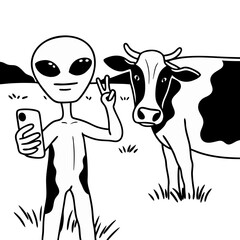 Cartoon Alien Taking Selfie with Cow
