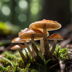 Forest Mushroom Close-Up: A cluster of wild mushrooms thrive amidst forest floor vegetation, illuminated by sunlight. The detailed textures and natural tones depict a serene woodland scene.