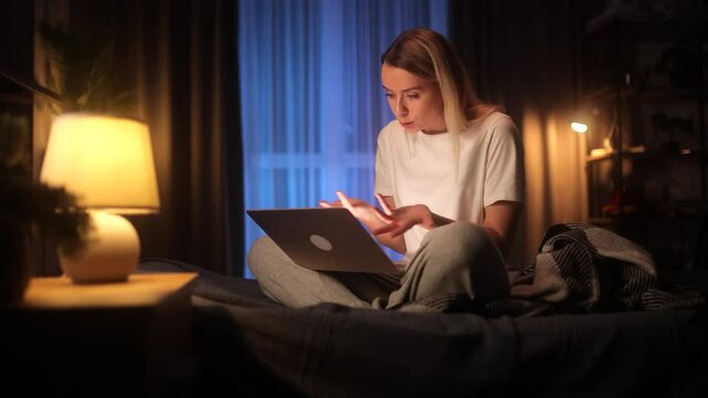 Frustrated young woman arguing with someone during a video call on her laptop while sitting on bed at night, gesturing emotionally in dimly lit cozy room