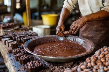 A chocolatier crafting artisanal chocolates by hand in a rustic kitchen.