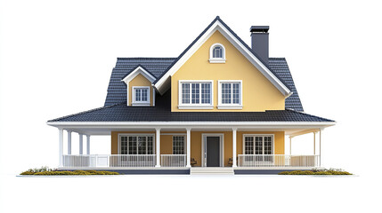 Yellow house with porch and gabled roof on white background