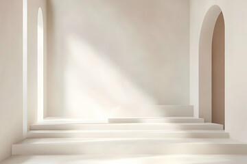 Obraz premium Minimal cream interior with soft light across arched openings and stepped levels, serene abstract architecture backdrop for design, luxury, and calm.