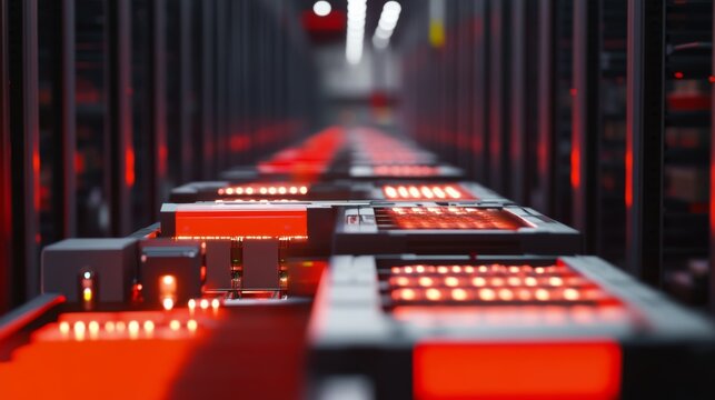 An AI powered inventory sorting system, using robots to organize products efficiently in a warehouse, Warehouse tech style