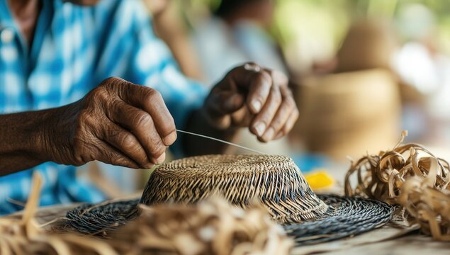 Elderly man's hands weaving a straw hat with precision and skill.
