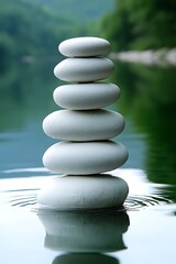 Balanced stones with tranquil lake.