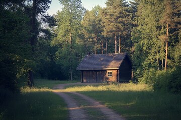 Fototapeta premium Rustic wooden cabin in sunlit forest with curved pathway in serene nature setting
