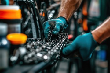 Close-up of mechanic hands adjusting bicycle chain with precision in a workshop setting.