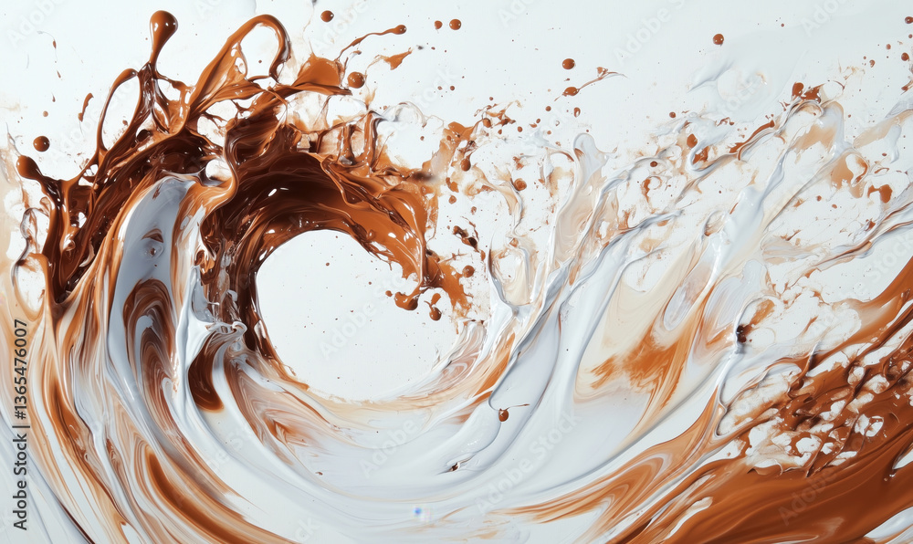Poster dynamic splash of chocolate and cream creating a wave-like formation, showcasing fluid motion and ri