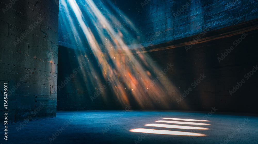 Poster Dark room with brick walls, sunbeams illuminating the floor, creating a dramatic and mysterious atmosphere, showcasing a blank space ideal for product display or text overlay