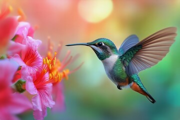 Hummingbird Hovering Near Vibrant Flowers During Golden Hour in a Lush Garden