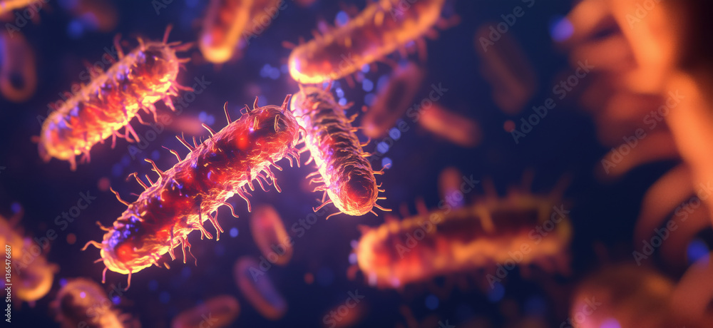 Poster microscopic view of bacteria showcasing vibrant colors and intricate structures, highlighting their 