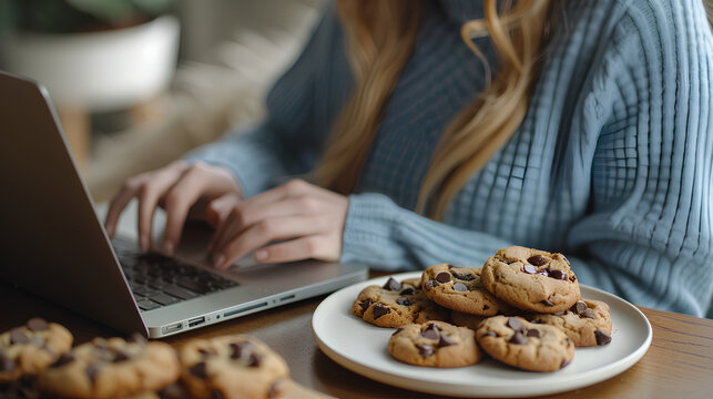 girl in a blue turtleneck sweater is sitting at a table and working on her laptop. Next to it, there is a plate of chocolate chip cookies