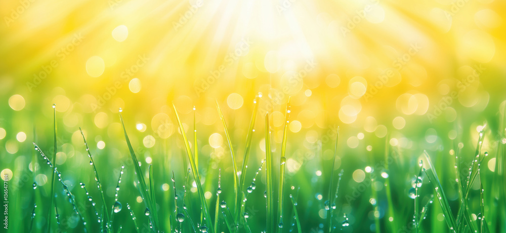Poster sunlit grass with dew drops sparkling in morning light, creating a vibrant and refreshing atmosphere